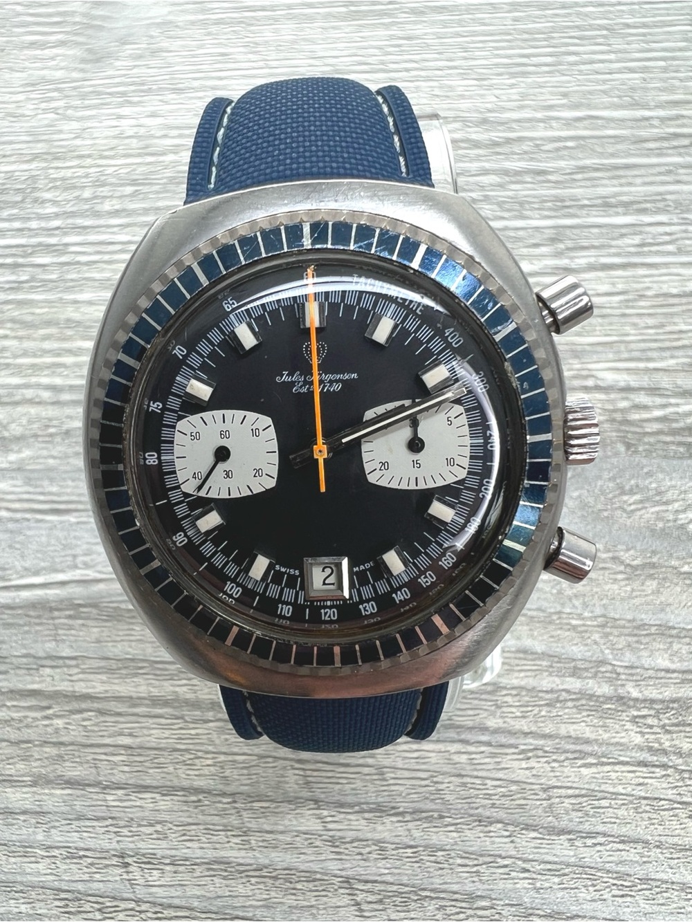 Jules Jurgensen Black Dial Chronograph with Blue Bezel & Strap